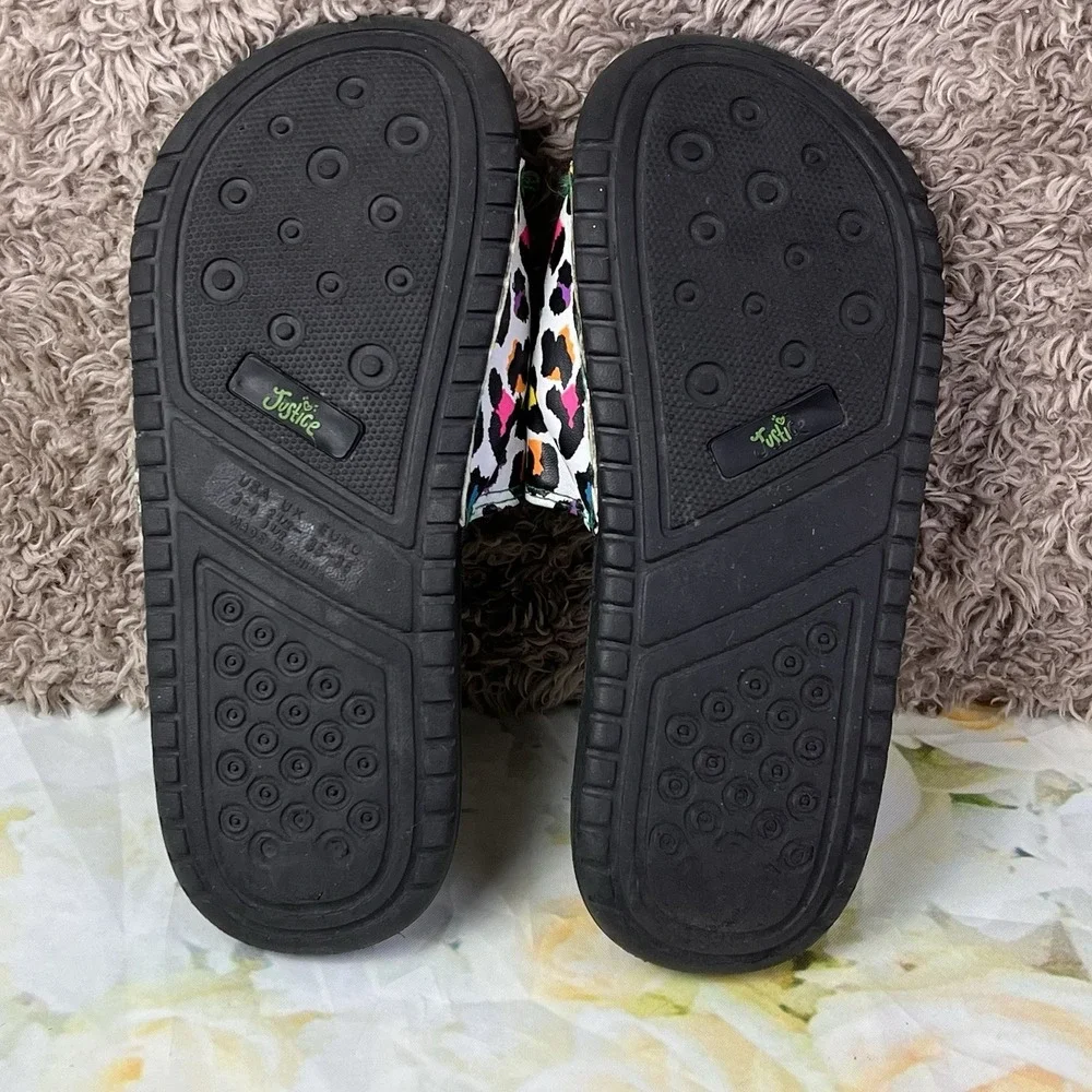 Justice Slides Shoe Size 3-4 Girls Kids Peace Sign Glitter Colorful Animal Print